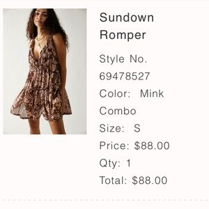 Sundown Free People brown floral romper size small